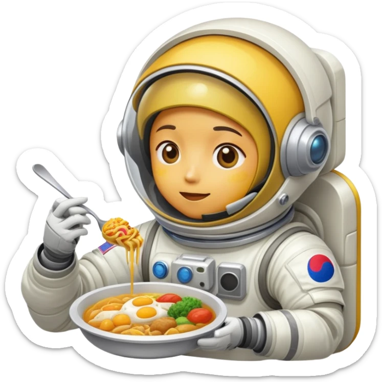 A yellow person in a spacesuit eating Korean food sticker