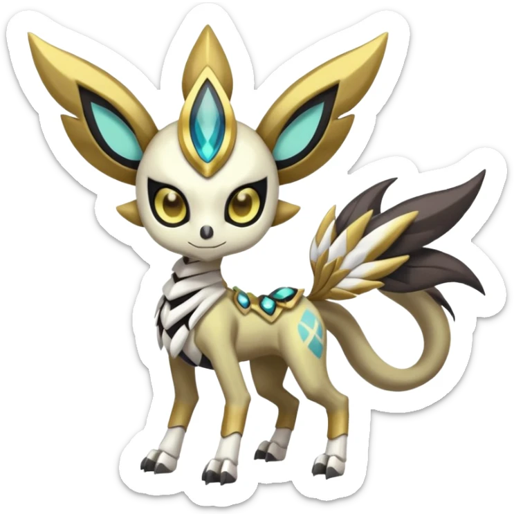Cute Big-eyed anime-styled Colorful Shiny Tribal Skeletal masked armored Meloetta-Silvally-Solgaleo-Raikou-Pokémon-Digimon-Fakémon-fusion-hybrid-creature, full body sticker