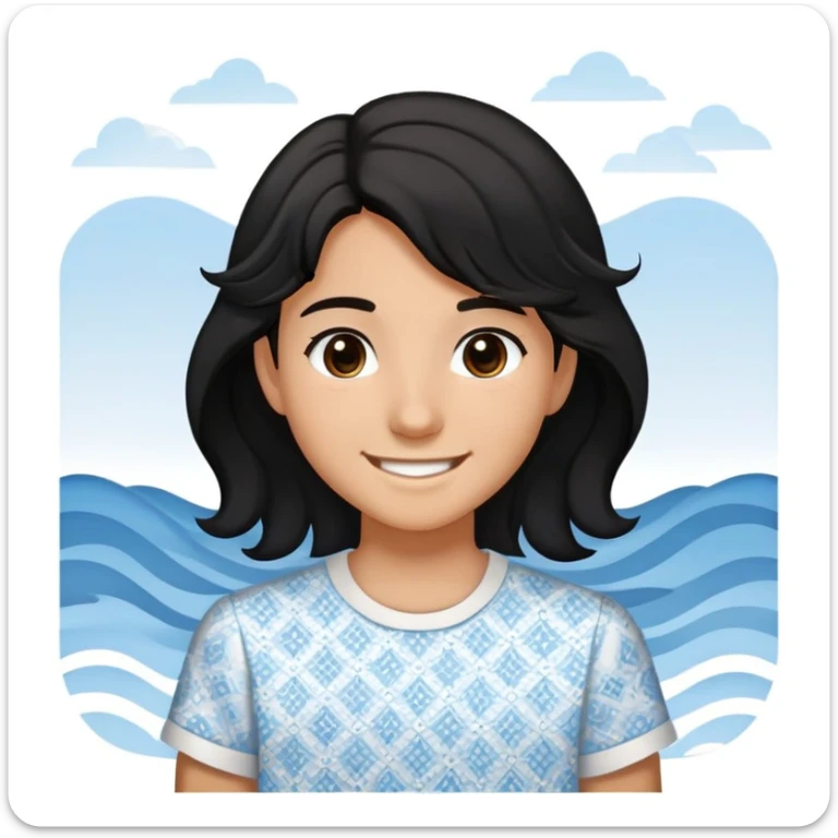 teenager with wavy black hair and dark brown slightly black eyes. wearing a white shirt with light blue patterns on the right and left. Expressing happiness while smiling sweetly  sticker