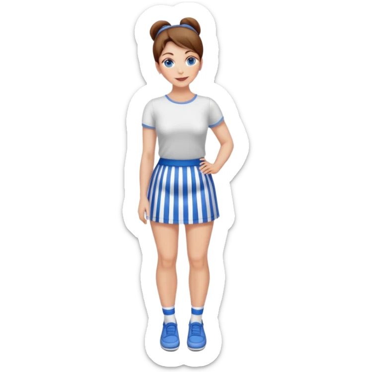 Pretty 50-year-old woman with 1 miniskirt that is blue and white striped brown hair in bun blue eyes and pretty legs sticker