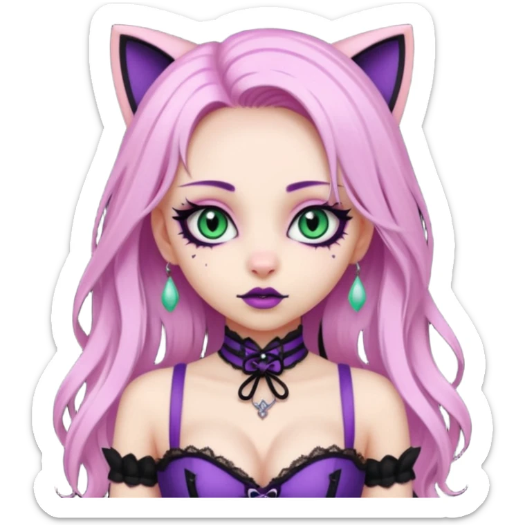 pretty scary girl, long straight LIGHT pink HAIR, jade kitten eyes, black eyeliner, pale skin, purple corset clothes with laces sticker