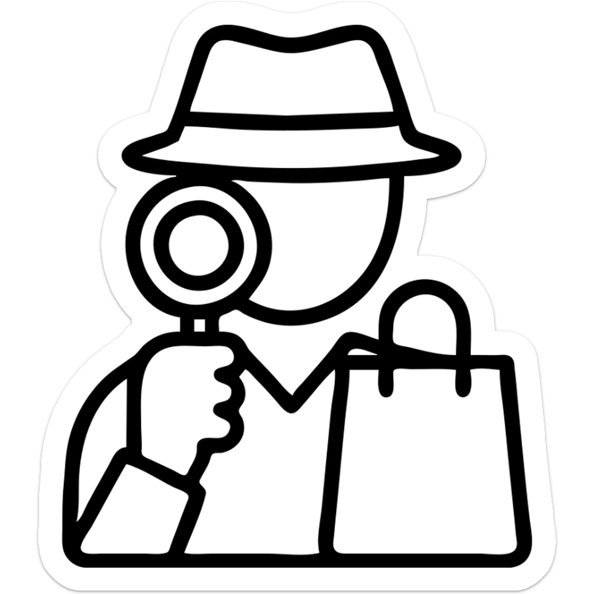 outlined icon of a mystery shopper with a magnifying glass and shopping bag sticker