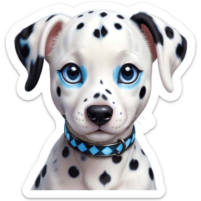 Cinematic Cute Harlequin Dalmatian Portrait Emoji, Head tilted playfully and inquisitively, featuring a glossy Fur of predominantly white with dynamic black patches, round, sparkling blue eyes filled with gentle curiosity, Simplified yet irresistibly adorable features, highly detailed, glowing with a warm, friendly glow, high shine, affectionate and gentle, stylized with a touch of whimsy, bright and endearing, soft glowing outline, capturing the essence of a mischievous yet loving pup, so playful it feels like it could lumber out of the screen and into your arms! sticker