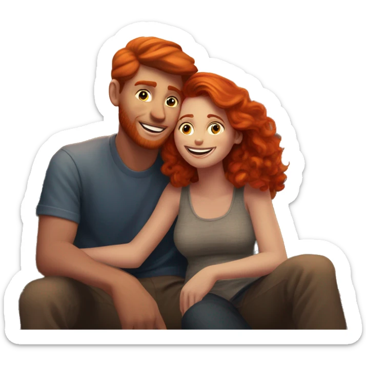 A happy red headed lady snuggling with her boy friend as they watch the sunset from up in the mountains sticker
