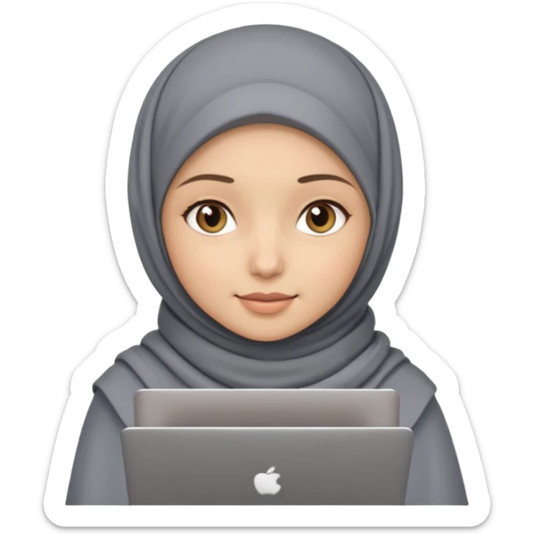 A girl wearing a gray hijab and with hazel eyes is carrying a laptop, not a laptop, just a regular laptop. Not mat bock  sticker