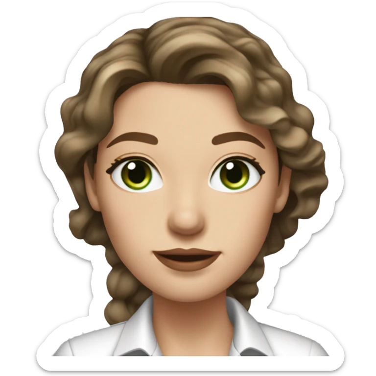 female real state agent with long wavy brown hair an green eyes with nice pinkish lips dressed with a white shirt and a few freckles sticker