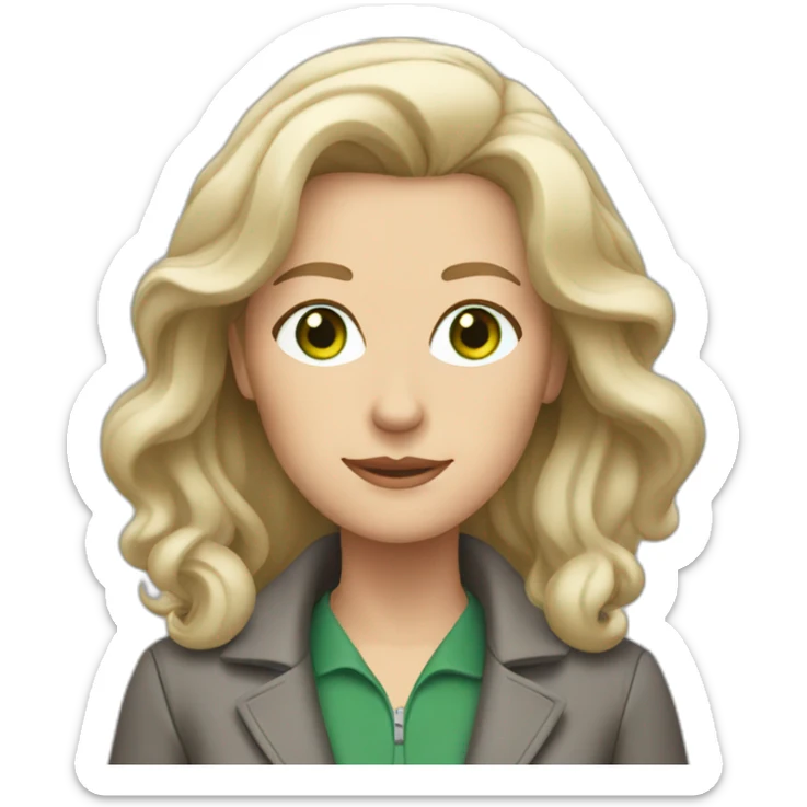 28 old women, white skin, long blond-brown hair, green eyes, red shirt in a gray jacket sticker