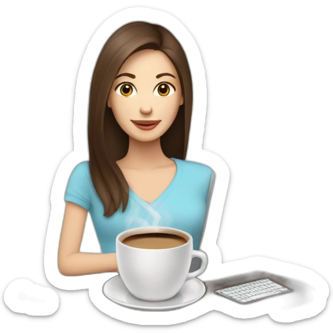 woman with long straight brown hair and pale skin using a laptop as a saucer for a large coffee mug sticker
