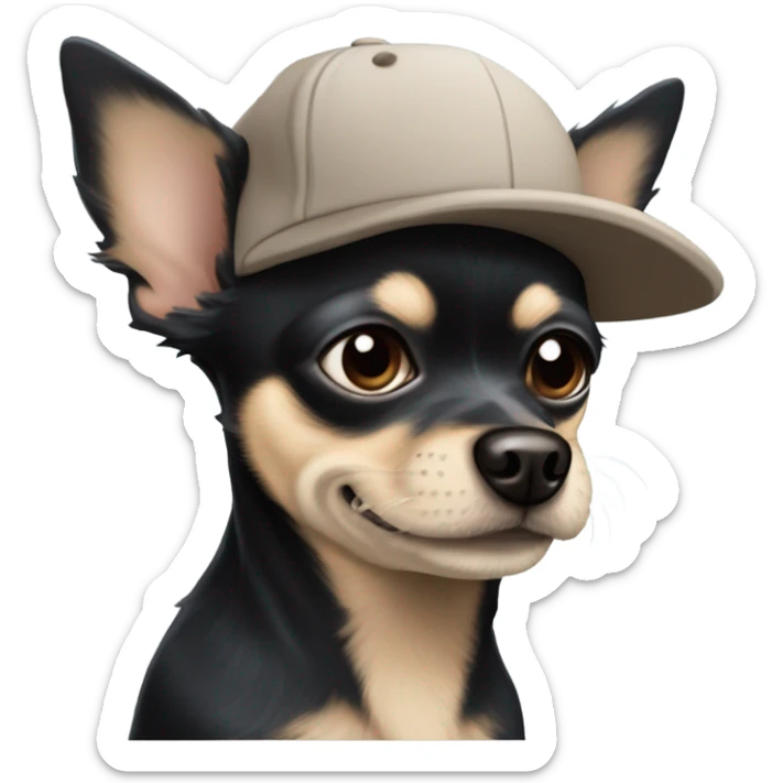 Old man blue eyes goatee beard ball cap holding cute black long fur Chihuahua sticker