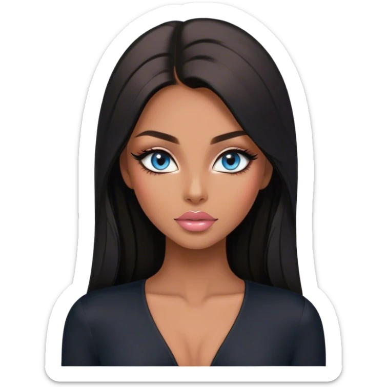 Glamours make-up, tanned, beautiful, girl, with blue eyes, big pump peach-beige-rose lips, eyeliner, long lashes, black straight smooth silky long hair, parting hair in the middle,  in black v-neck bodysuit long sleeves sticker