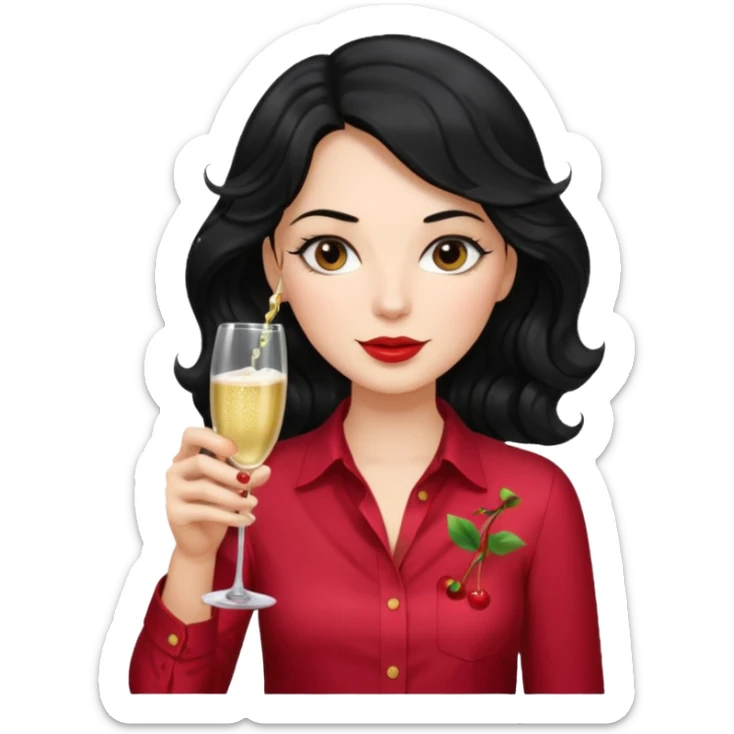 A woman with wavy black hair and a beautiful and authoritative cherry shirt drinking champagne sticker
