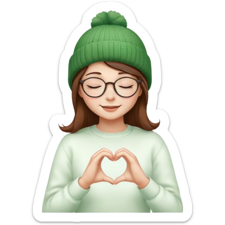 peaceful brown hair girl closed eyes in glasses stylish in a green beanie hat in white sweater smiling making heart from her hands  sticker