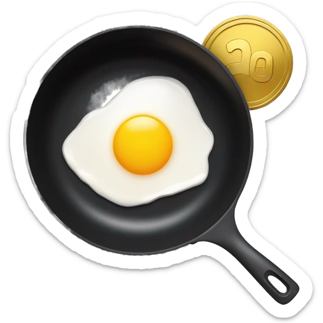 A simple, emoji-style illustration of a black frying pan viewed from above, with a shiny gold coin at its center, designed to resemble a fried egg yolk. The coin has a smooth surface with subtle embossed details. sticker
