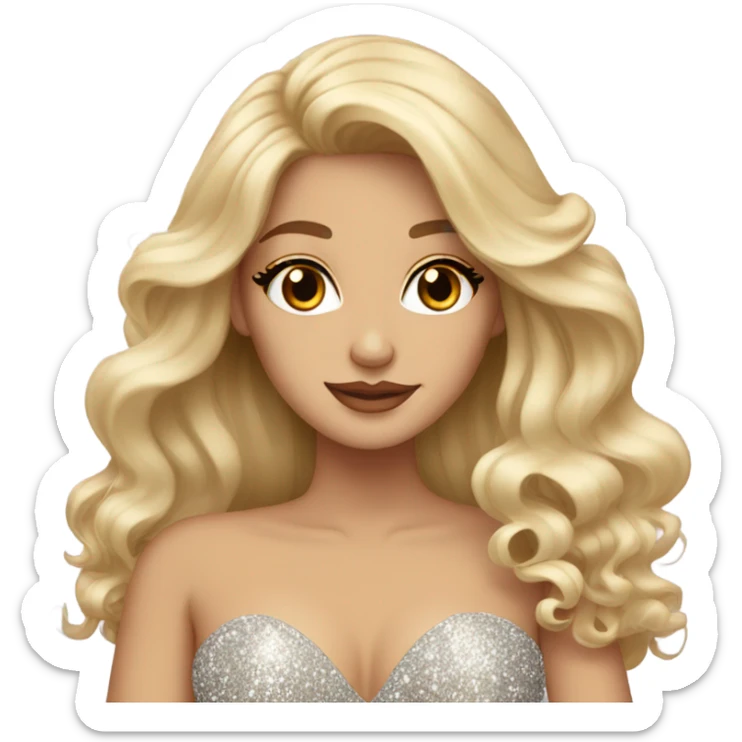 Gorgeous blonde woman, brown eyes, long wavy hair, wearing a sparkly gown sticker