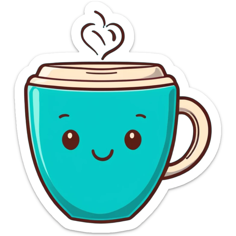 smiling hot coffee cup with heart-shaped steam, mocha brown tones, kawaii soft hand-drawn sticker