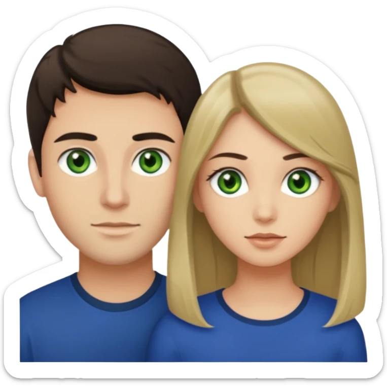 A girl with green eyes and dark hair with her boyfriend with light brown eyes and dark blonde hair and a cavanhaque sticker