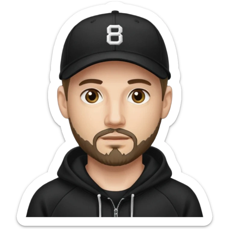 Hombre de ojos claros, con barba fina y perilla, gorra negra de baseball bordada con un 8, y sudadera negra sticker