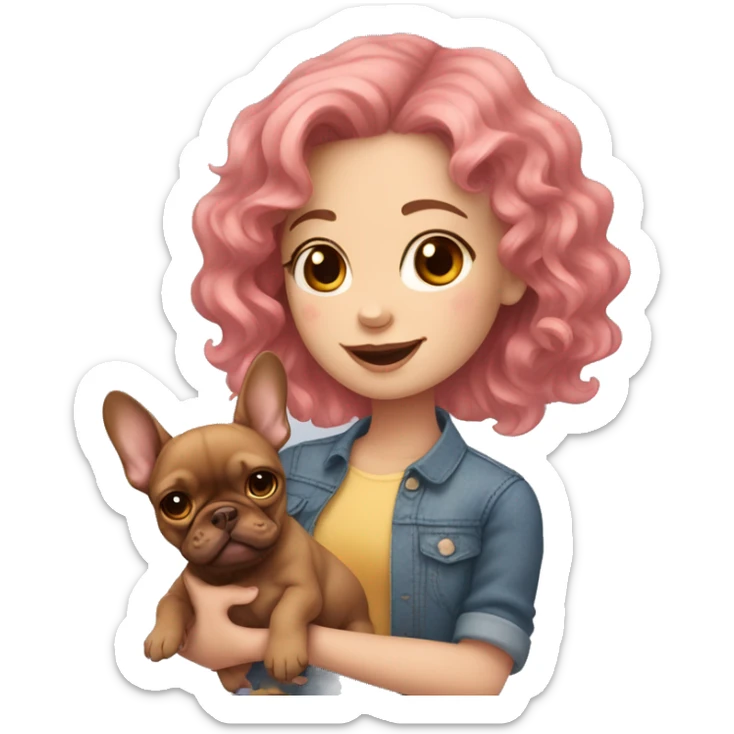  girl with medium pink wavy hair holding a brown french bulldog puppy  sticker