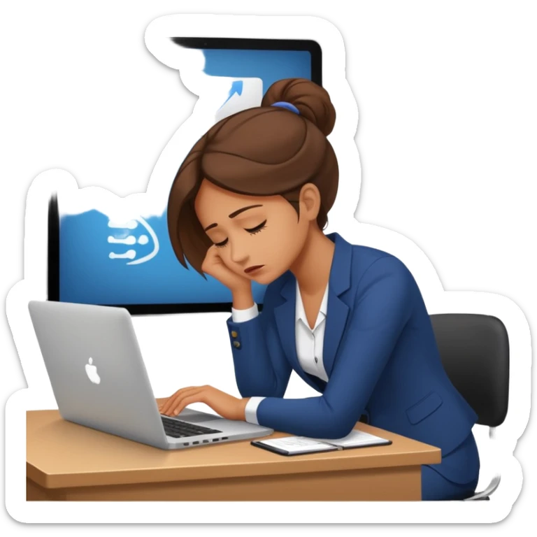 Chica con Estrés laboral en la oficina y mala postura en su laptop con dolor de espalda  sticker