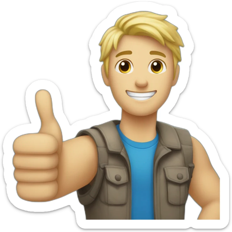 young man with blonde hair giving thumbs up, hand in foreground, head in background, blue t-shirt wide angle shot sticker