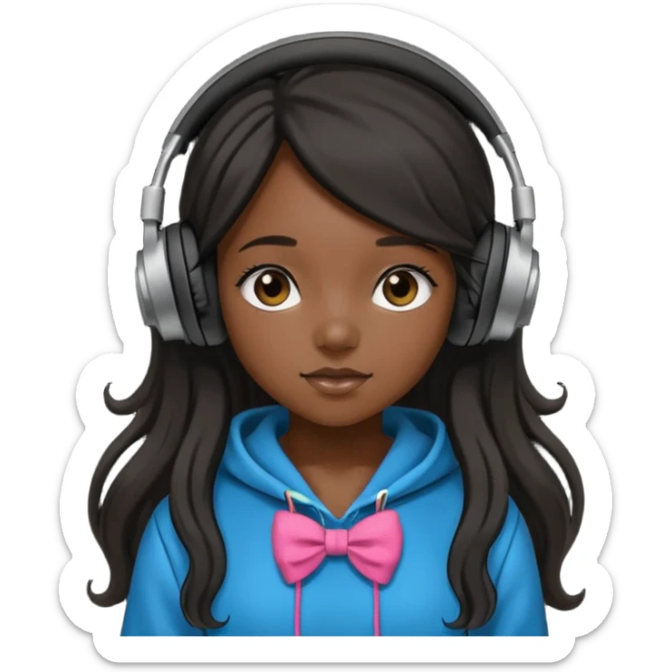 A black girl with long hair wearing a hoodie with headphones with bow sticker