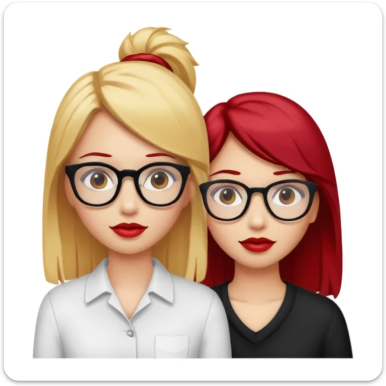 Two white girls, one has blonde hair, brown eyes and glasses and the other one has cherry red hair, brown eyes and red lips sticker