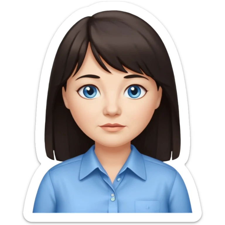 50 yr old woman, blue eyes, long straight dark brown hair, business shirt, chubby, bangs sticker