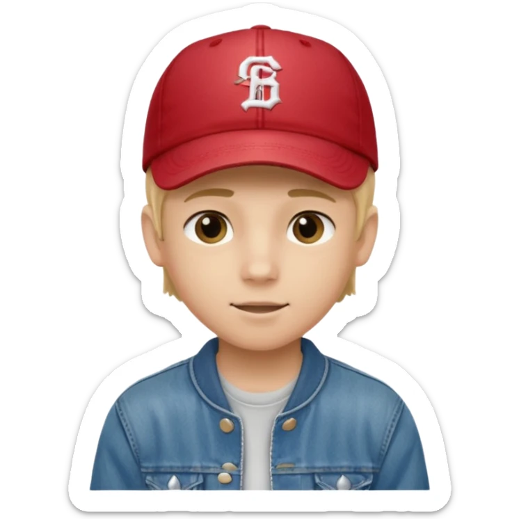 emoji of a teenage boy, straight blonde hair, wearing a baseball cap and jacket, friendly expression sticker
