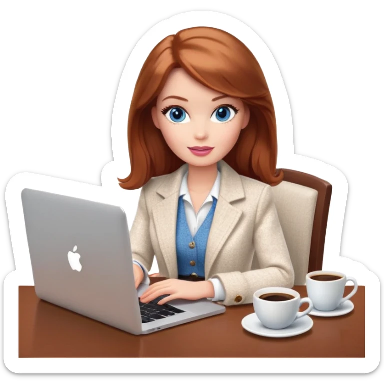 A Barbie girl with blue eyes, shoulder-length reddish-brown hair, made-up, wearing a white tweed jacket and beige skirt, is sitting at a table with a MacBook and a cup of coffee sticker
