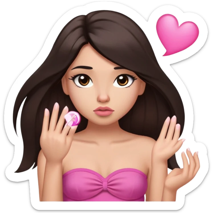 girl with lighter skin, dark brown long straight hair falling in front of her body, pouty shiny lips without cupid's bow, large eyes, lighter button nose, long oval-shaped face, wearing a pink bandeau top with straight neckline, looking directly at camera with hands down at sides sticker
