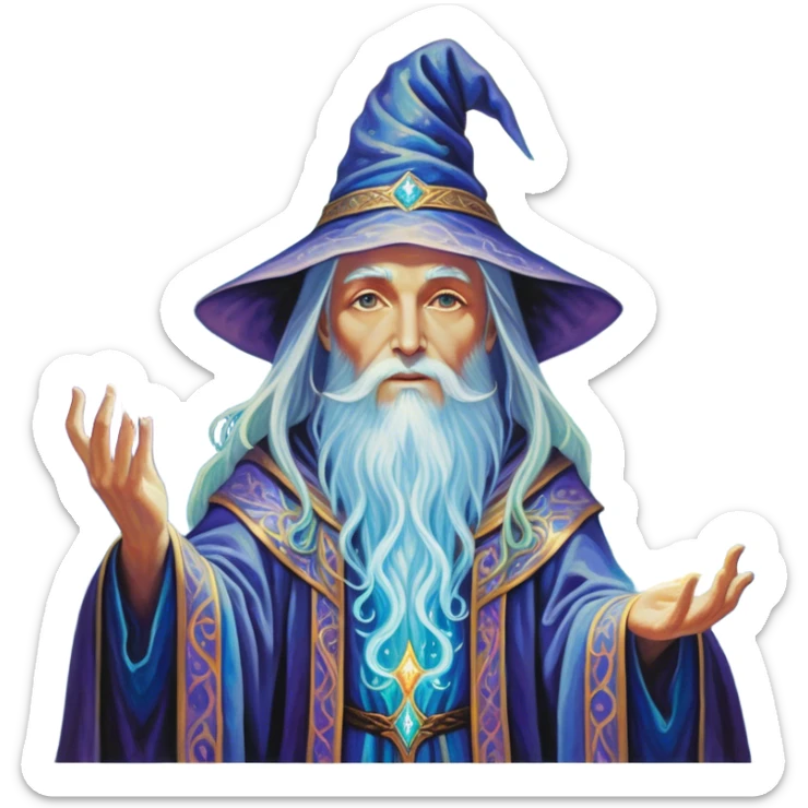 A luminescent enchanting Wizard stands beside an alter, his ethereal presence shimmering with otherworldly energy, each detail radiating with mystical power and ancient wisdom. The painting, a masterpiece of acrylic art, captures the Wizards hauntingly beautiful visage in exquisite detail. Swirls of cosmic colors dance around him, evoking a sense of celestial wonder, while intricate patterns of glowing runes adorn his intricate robe. The image is vivid and captivating, drawing viewers into a mesmerizing realm of fantasy and magic. sticker