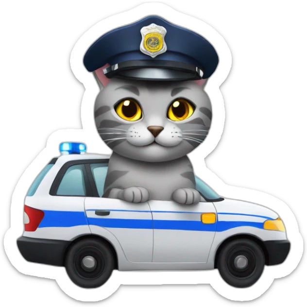 grey cat in a police hat in a police car sticker