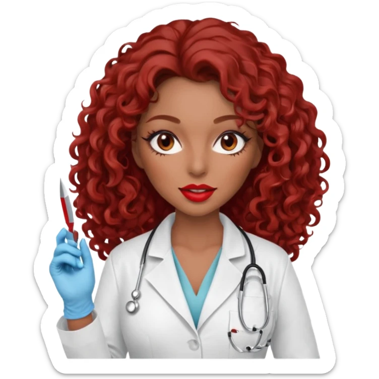 Seductress woman scalpel in hand, evil surgeon sexy surgeon clothes.  She has red eyes. Her  brown long curly hair. Wears sexy doctor outfit with red gloves. make her hair free and brown but she  wear mouth cover   to hide. Wears white surgeon jacket and  only   death long , long beown hair  sticker