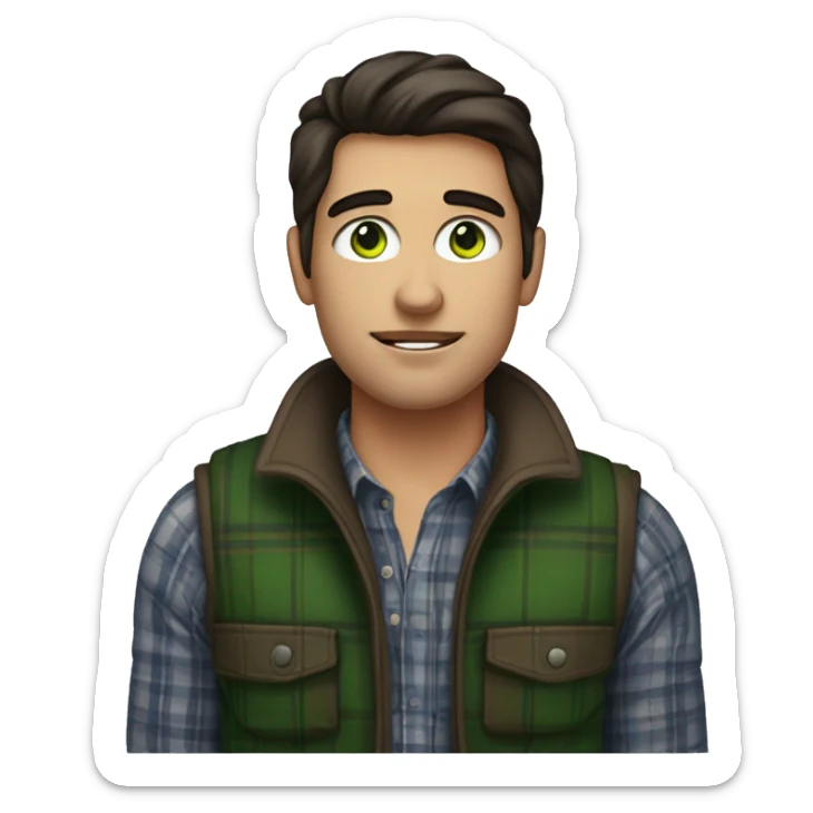 green-eyed guy with dark hair in a plaid shirt and a warm vest with plump lips and big necks sticker