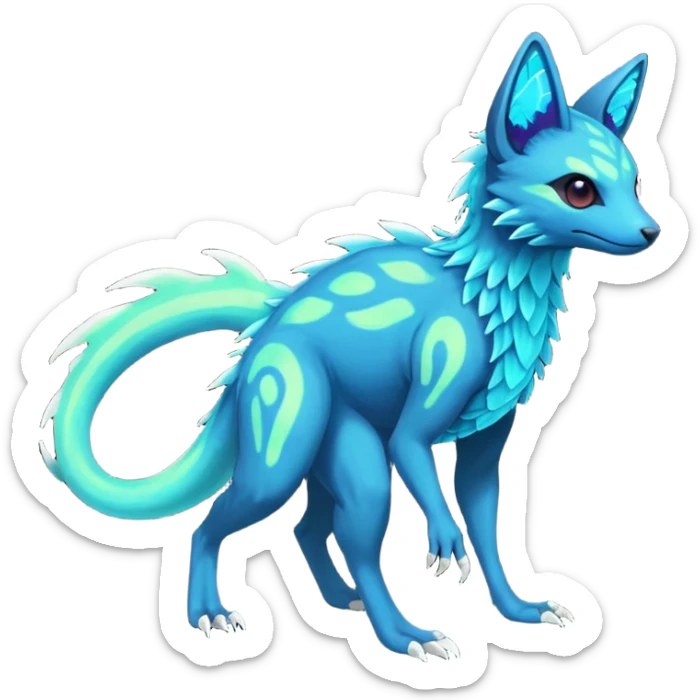 Rare realistic dark-neon glowing bioluminescent edgy badass epic pretty beautiful handsome gorgeous aesthetic colorful vibrant Vernid-Trico-species-Fakemon-creature by LiLaiRa, 4 legs, 1 tail, random markings, (full body) sticker
