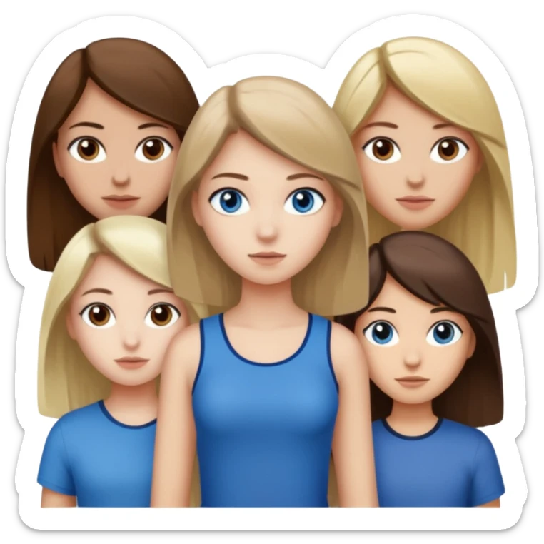 a trio of people where one girl in the back has white skin, brown hair, and brown eyes; another girl in the back has white skin, dirty blonde hair, and blue eyes; and the girl in the front has tan skin, dark brown hair and dark brown eyes. sticker