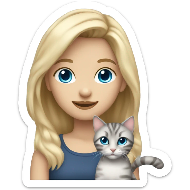 Girl with blonde hair blue eyes holding fluffy gray tabby cat sticker