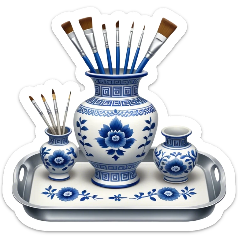 Metal painting icon, a metal vase with intricate designs in Gzhel and Chinese embroidery styles, placed on a metal tray, 3 paintbrushes beside it, minimalistic style, clean lines, transparent background. sticker