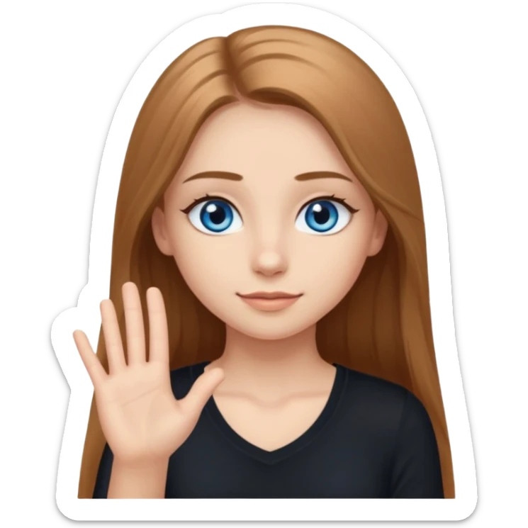 A girly girl with long eyelashes, very long light brown hair, blue eyes, with her palm up. with black undershirt sticker