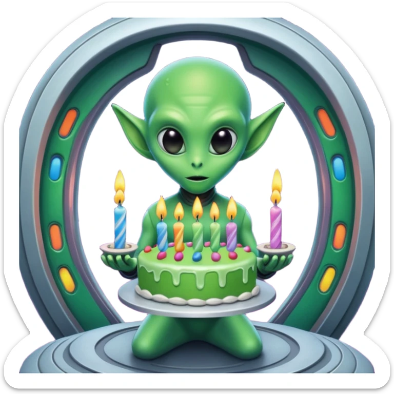 A detailed alien holding a colorful birthday cake with lit candles, standing inside a futuristic spaceship, cinematic lighting, ultra realistic textures, high resolution, dramatic shadows, sci-fi atmosphere
 sticker