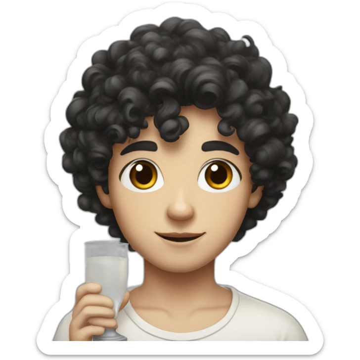 A portrait from the shoulders up of a pasty white teenage boy with dark black curly hair holding a chalice of milk sticker