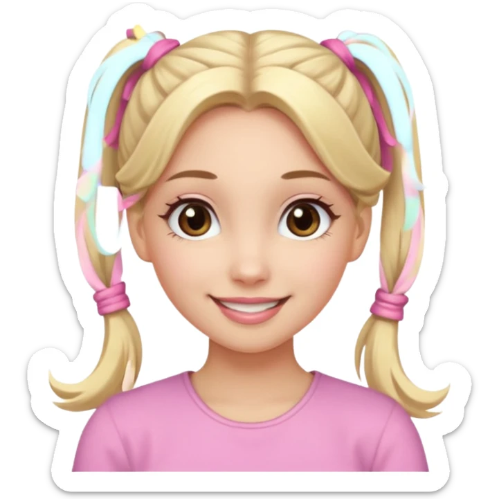 a cute woman is smiling, her hair is long, blonde and two ponytails, her eyes color are brown and the color of her lip is soft pink sticker