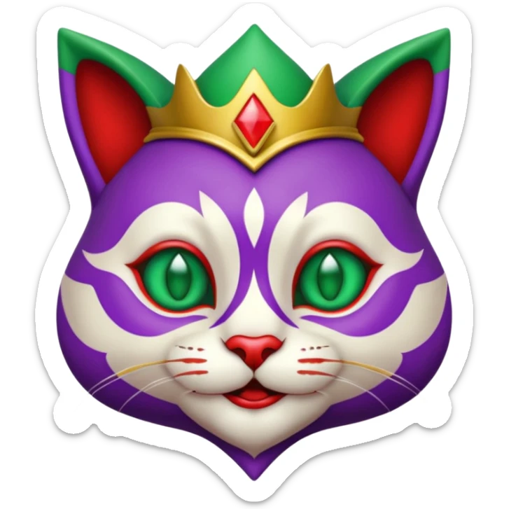 crazy colorful cute little cat jolly joker from poker, medieval, vintage, court jester, mac os icon, purple, gold and red color, half body, emerald green ice eyes. Squared shape as 3D mac os icon, symmetrical sticker