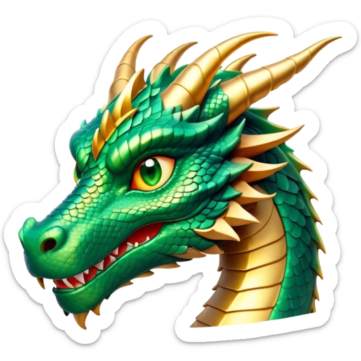 cinematic-noble-dragon-portrait-emoji,-poised-and-majestic,-with-a-sinuous,-elongated-build-and-shimmering,-scale-covered-skin-in-hues-of-emerald-and-gold,-piercing,-fiery-eyes,-simplified-yet-sharp-and-sophisticated-features,-highly-detailed sticker