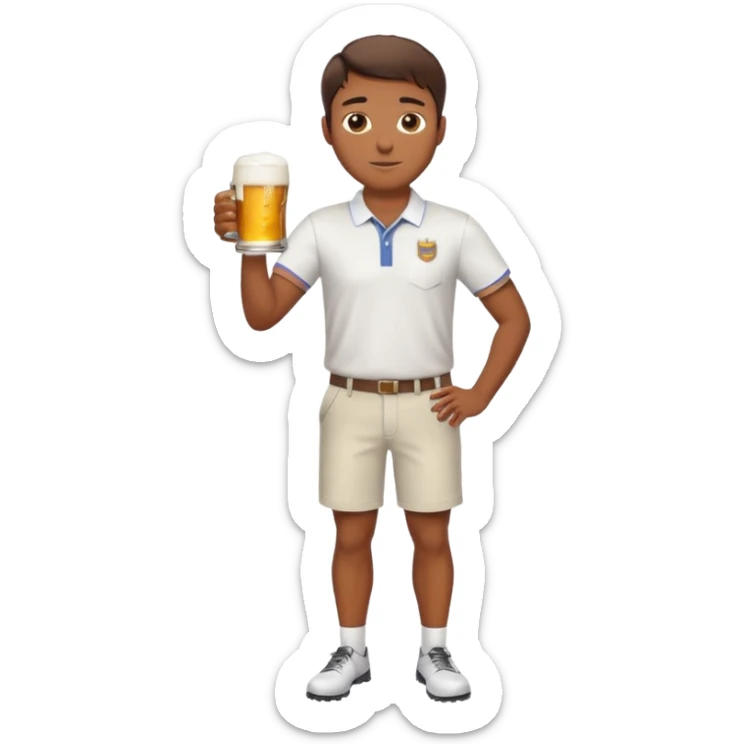 Handsome. Male. Happy. Brown short hair. Wearing white golf shirt and shorts. Drinking beer. Cheersing. Full body sticker