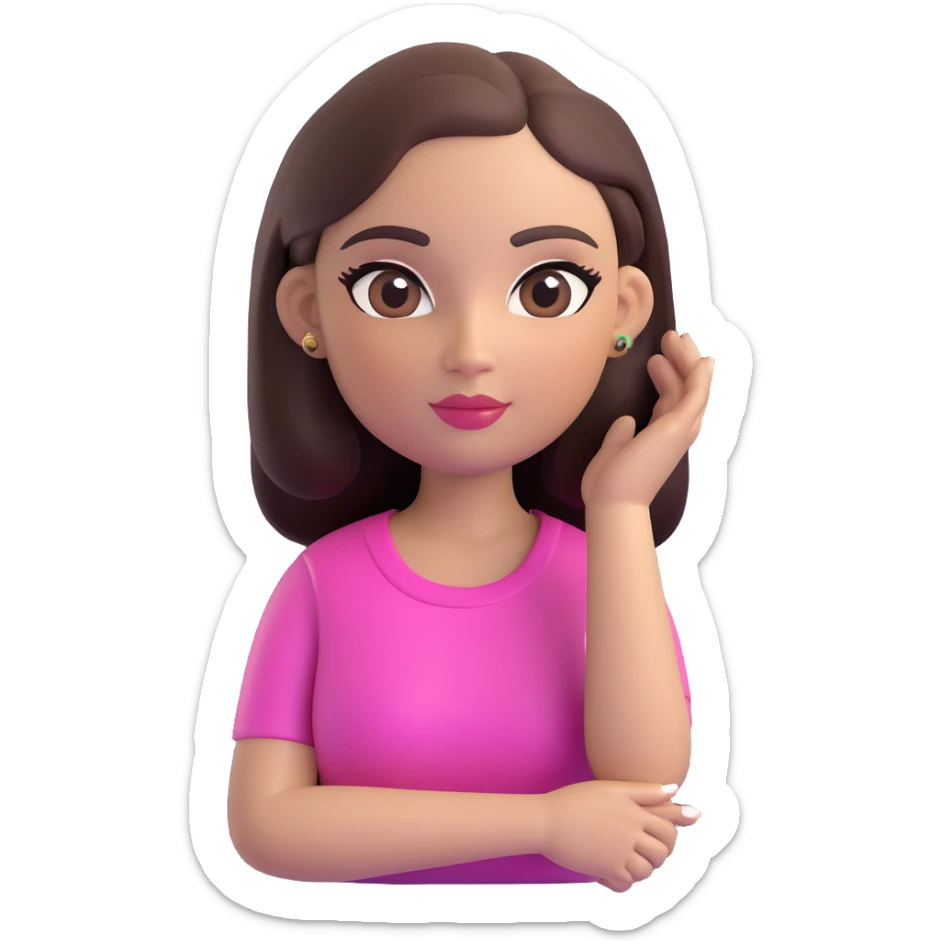female memoji with oval face, warm light skin tone, rosy cheeks, elegant makeup with long eyelashes, eyeliner, soft pink lips, long straight dark brown voluminous hair, arched eyebrows, dark brown eyes, colorful top, small tattoo on arm sticker
