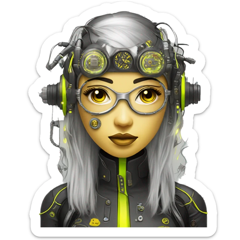 Neon yellow bobbed hair Asian female cyborg head with silver steampunk goggles and circuits sticker