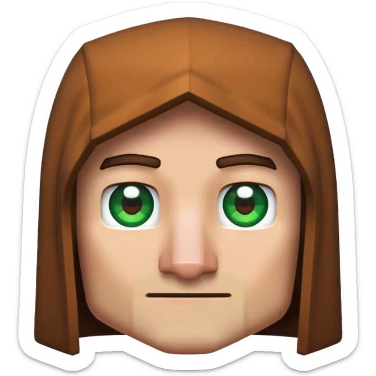 Pixel art 2D emoji of a Minecraft villager face, with brown hood, big nose, green eyes, and blocky edges in Minecraft style sticker