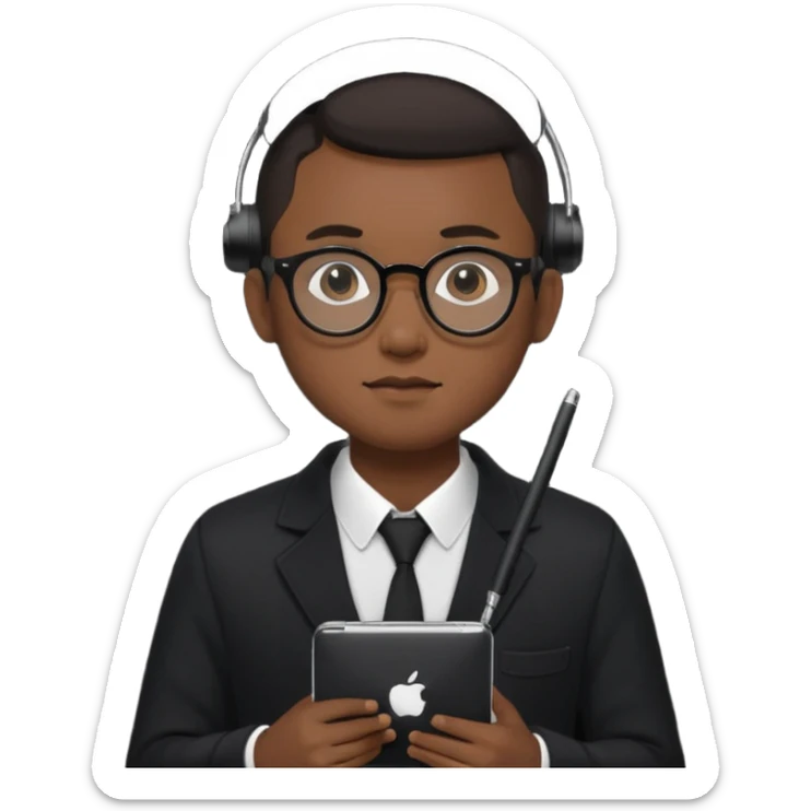 a asia man guy his 20s wearing an apple notebook, wearing bodyguard radio operator, round glasses, blackclothes sticker