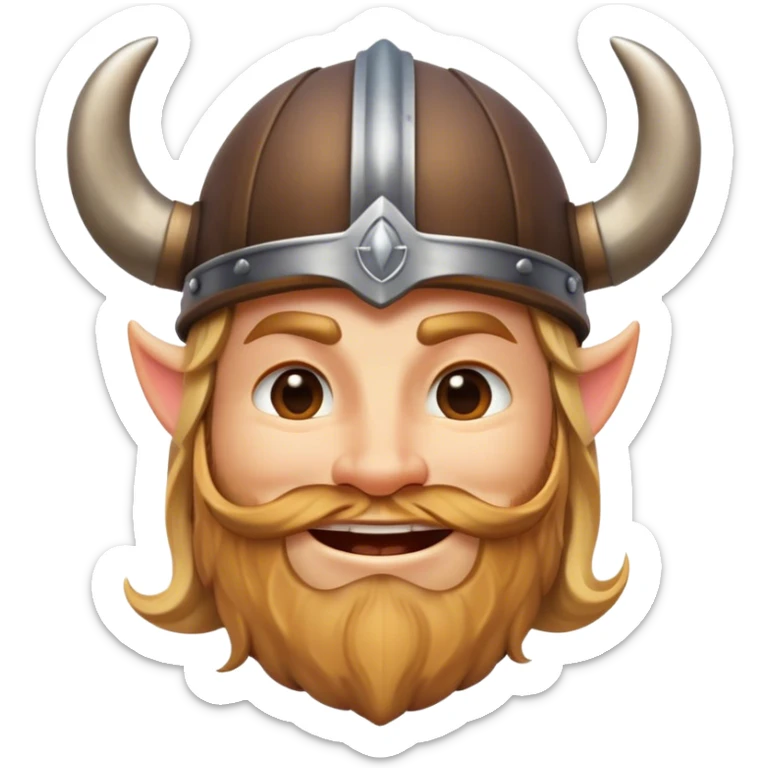 Clash of Clans aesthetic: Cinematic Playful Viking Portrait Emoji, Head tilted with a cheeky grin and twinkling eyes, featuring a compact, charming build with a modest, stylized Viking helmet and a playful beard, his face rendered in natural skin tone, Simplified yet irresistibly charming features, highly detailed, glowing with a warm, inviting radiance, high shine, spirited and lively, stylized with an air of whimsical Nordic mischief, soft glowing outline, capturing the essence of a playful Viking exuding friendly rogue charm! sticker